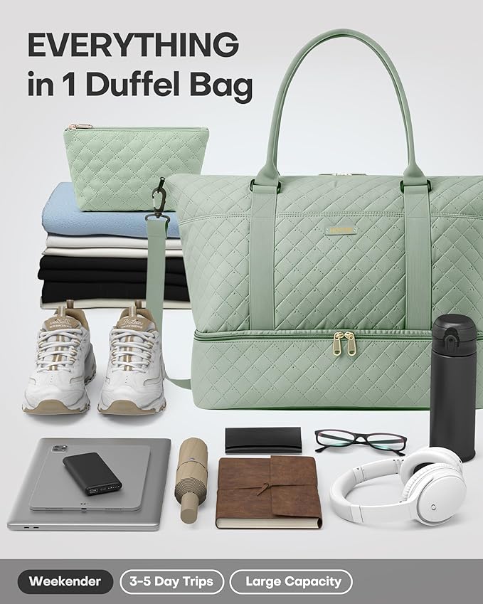 HOTOR Travel Duffel Bag - Weekender Bags for Women, Gym Tote Bags with Shoe Compartment, Carry On Overnight Bag with Toiletry Bag for Travel Essentials and Travel Accessories, Green, 13.4"×17.3"×7.9"