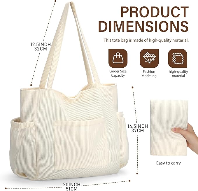 Corduroy Tote Bag for Women,Large Capacity Cute Tote Bags With 6 Pockets,Crossbody Shoulder Handbag for Work Travel Gym