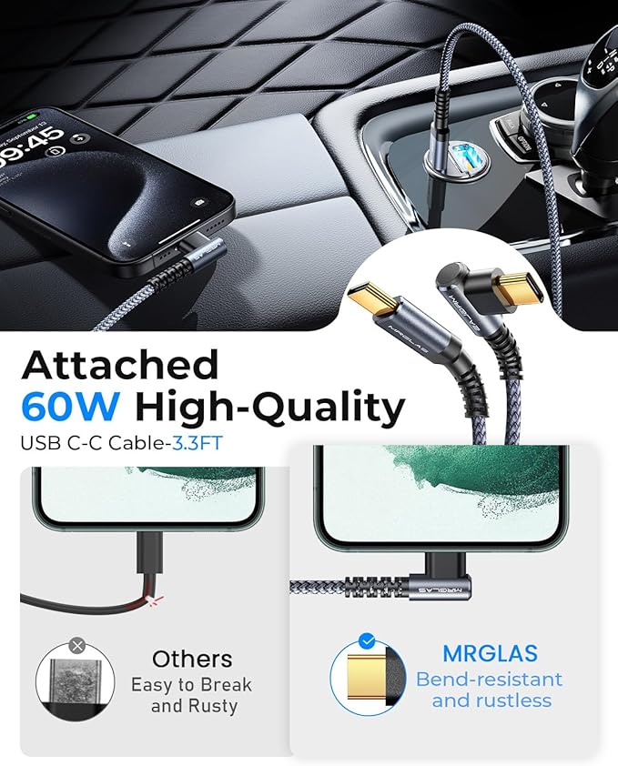 MRGLAS 90W USB C Car Charger Fast Charge, PD45W & QC45W, Flush Fit, Extra 3.3ft Type C Cable, All Metal, Cigarette Lighter USB Charger for iPhone 16 15 Pro Samsung S25 S24 S23 Ultra Pixel 8/8Pro/7-Red