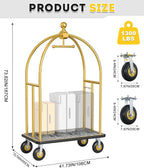 Hotel Luggage Cart Commercial Grade Brushed Stainless Steel, 900LBS Heavy Duty Bellman's Cart with 8" Rubber Wheels & Grey Carpeted Deck Luggage Trolley for Hotels Resorts (Gold, 74" X 42" X 25")