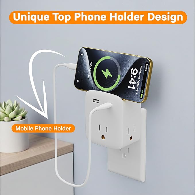 Multi Plug Outlet Extender with USB Cable(3.3FT USB A to C Cord, 3.3FT USB C to C Cord), 3-Sided Power Strip with Lip, Small Wall Tap Plug Splitter for Cruise Dorm Essentials Home Office, ETL Listed