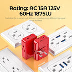 Red 3-Prong Outlet Splitter & Plug Extender - Converts 2 to 3 & 3 to 2 Prong, Multi-Plug Wall Adapter, Side Plugs for Wall Outlet, Rotating Outlet Adapter, 2 Pack