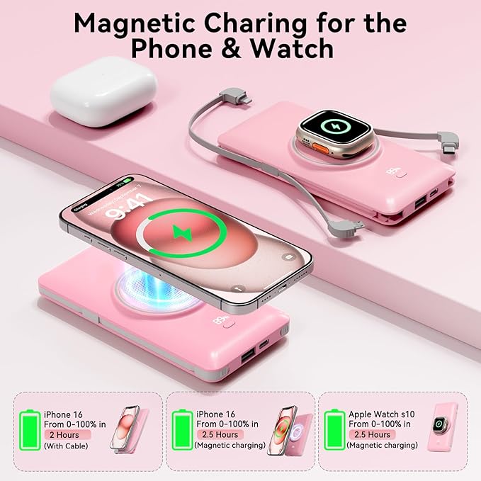 Magnetic 10000mAh Portable Charger for iWatch & iPhone, PD Fast Charging Wireless Power Bank Built-in Cables and Wall Plug, External Travel Battery Pack Compatible with iOS Android Phones