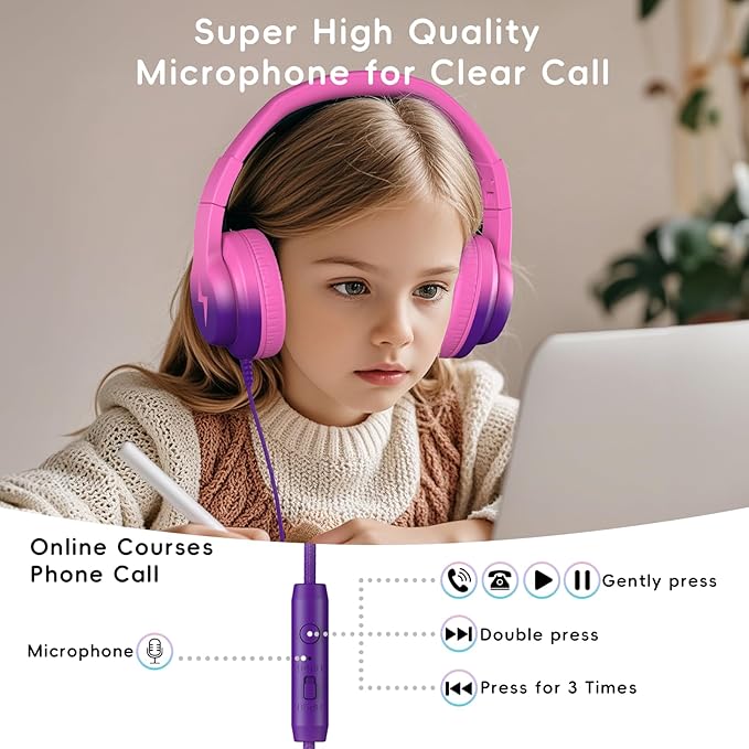 Candy Bila Kids Headphones, Wired Headphones for Kids Over Ear with Microphone, 85/94dB Volume Limiter Headphone for Girls Boys, Foldable Headphone for Learning, Deep Purple and Pink