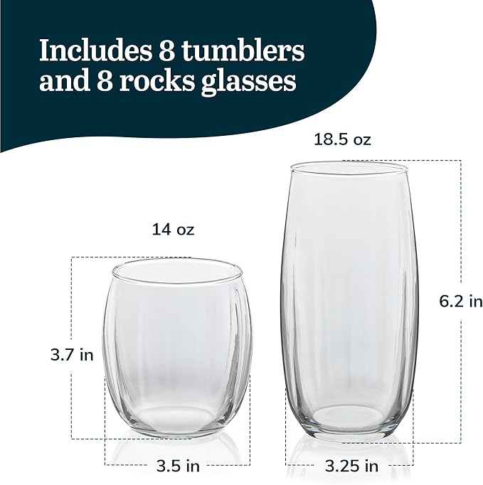 Libbey Samba Rocks and Tumbler Glass Cups Set of 16, All Purpose Everyday Drinking Glasses Set, Dishwasher Safe Modern Glassware Set for Events
