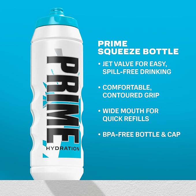 PRIME 32 oz Blue Chill Squeeze Sports Water Bottle, BPA Free, Dishwasher Safe, Easy-Grip Ergonomic Leakproof Design, Fast Hydration for Gym, Cycling, Running