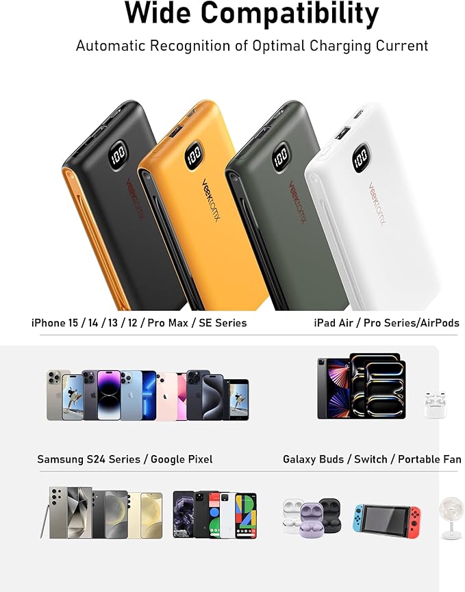 VEEKTOMX Portable Charger with Built in Cables 10000mAh, Power Bank for iPhone with Wall Plug, Travel Essential Fast Charging Slim USB C External Battery Pack for iPhone 17/16/15, Samsung, iPad, etc