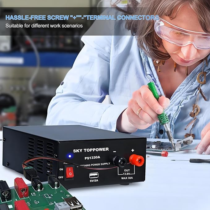 13.8V 30A DC Power Supply for Ham Radio,30 Amp Compact Regulated Bench Power Supply Lab Benchtop AC to DC Converter,Cooling Fan,5V 2A USB Interface,Powering Ham Radio, Amplifiers,SKY TOPPOWER PS1330A