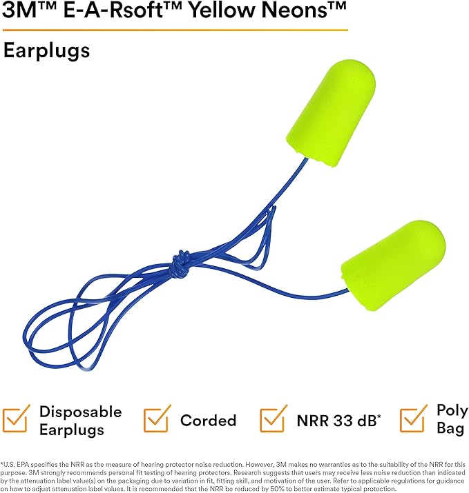 3M Ear Plugs, E-A-Rsoft Yellow Neons 311-1250, 200 Pair of Disposable Earplugs, Pairs Individually Wrapped, Regular Size, Corded, 33 NRR, Tapered Cylinder Shape, Slow Recovery Foam