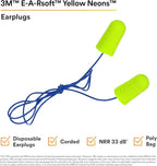 3M Ear Plugs, E-A-Rsoft Yellow Neons 311-1250, 200 Pair of Disposable Earplugs, Pairs Individually Wrapped, Regular Size, Corded, 33 NRR, Tapered Cylinder Shape, Slow Recovery Foam