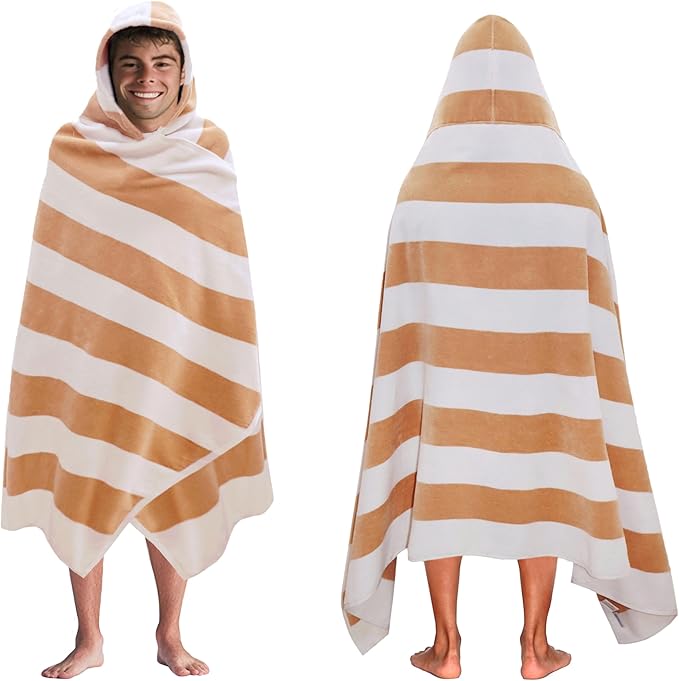COTTON CRAFT Hooded Beach Towel - Oversized XXL 35x84 Towel with Hood for Adults - The Big Kahuna 7 Foot Beach Blanket Towel - Big & Tall Soft 100% Cotton Velour - Pool Bath Wrap - Cabana Stripe Linen