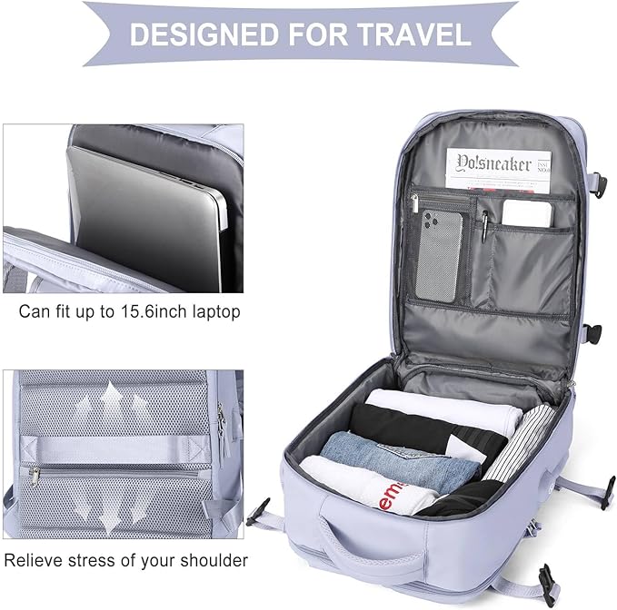 WONHOX Large Travel Backpack Women, Carry On Backpack, Hiking Backpack Waterproof Outdoor Sports Rucksack Casual Daypack with USB Charging Port Shoes Compartment, Taro Purple