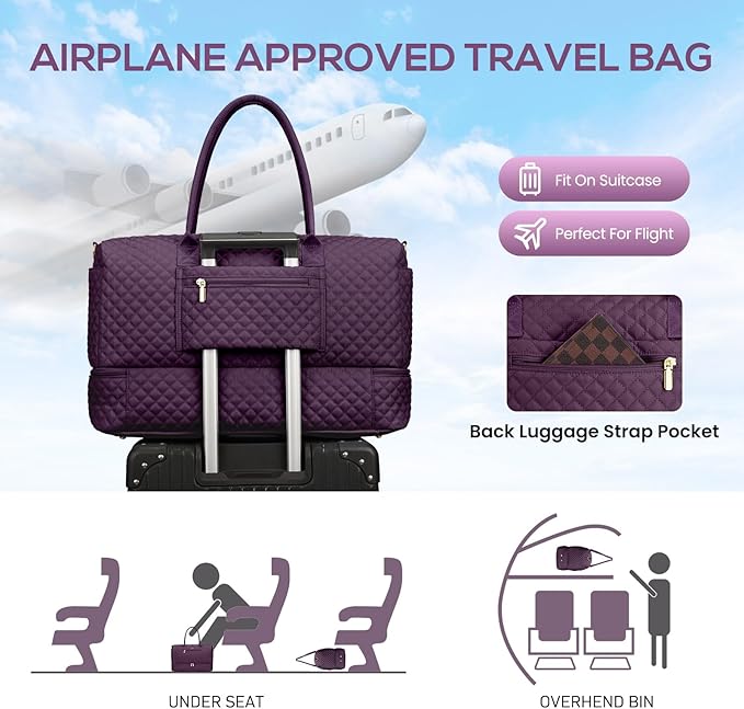 Travel Weekender Duffle Bags for Women - Large Carry On Bag with Shoe Compartment Overnight Bag with Toiletry Bag Duffel Bags with Wet Pocket for Gym Hospital Bags for Labor and Delivery Dark Purple