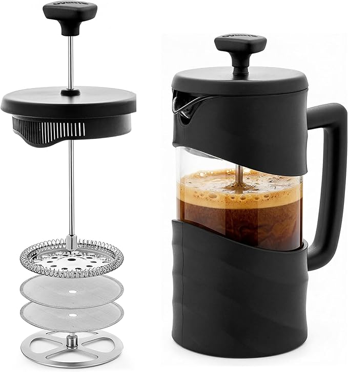 OVENTE French Press Coffee Maker 20 Ounce with Heat Resistant Borosilicate Glass & Stainless Steel 4-Level Filtration System, Portable Cold Brew Coffee Maker for Travel, Camping or Gift, Black FPW20B