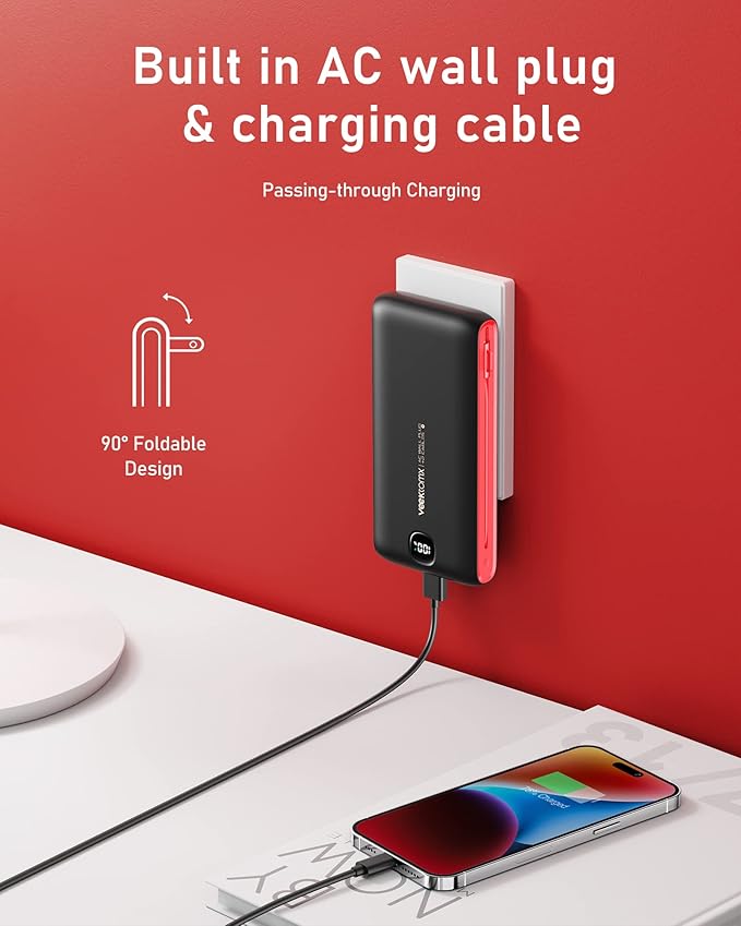 VEEKTOMX Portable Charger with Built in Cables 20000mAh, Power Bank for iPhone with AC Wall Plug, Fast Charging USB C Slim Battery Pack with LED Display Compatible with iPhone 17/16/15, Samsung