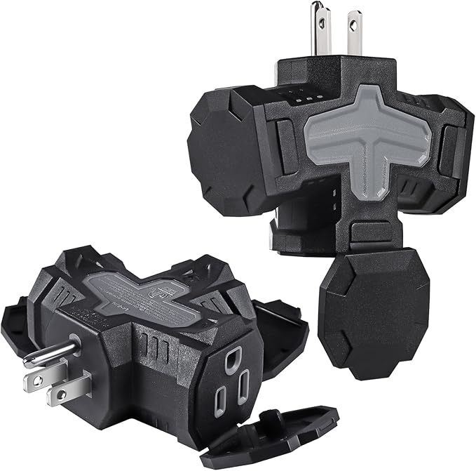 3-Prong Grounded Indoor Outdoor Wall Adapter, ETL Listed Outlet Splitter, Weatherproof Heavy Duty Multi Power Plug Extender With Protective Cover, Black (2 Pack)