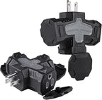 3-Prong Grounded Indoor Outdoor Wall Adapter, ETL Listed Outlet Splitter, Weatherproof Heavy Duty Multi Power Plug Extender With Protective Cover, Black (2 Pack)