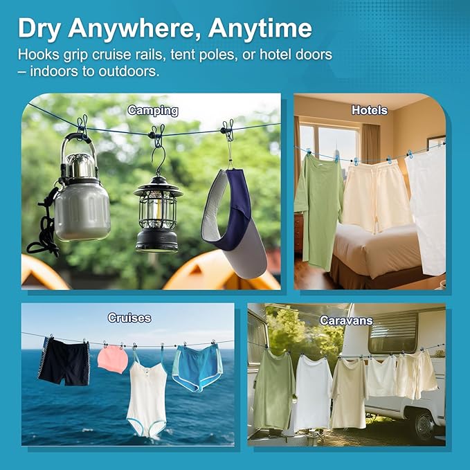 2 Pack Retractable Portable Clothesline, Windproof Clothes Line for Outdoor Camping, Travel, Laundry Drying with 12 Clips for Cruise, Hotel & Home-Sapphire Blue & Sky Blue
