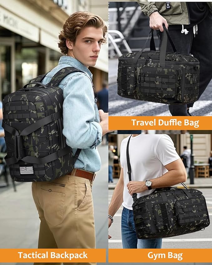 50L Gym Bags for Men, 3 in 1 Travel Duffle Bag with Shoe Compartment, Tactical Military Backpack for Overnight Weekender Gym Traveling Workout Deployment