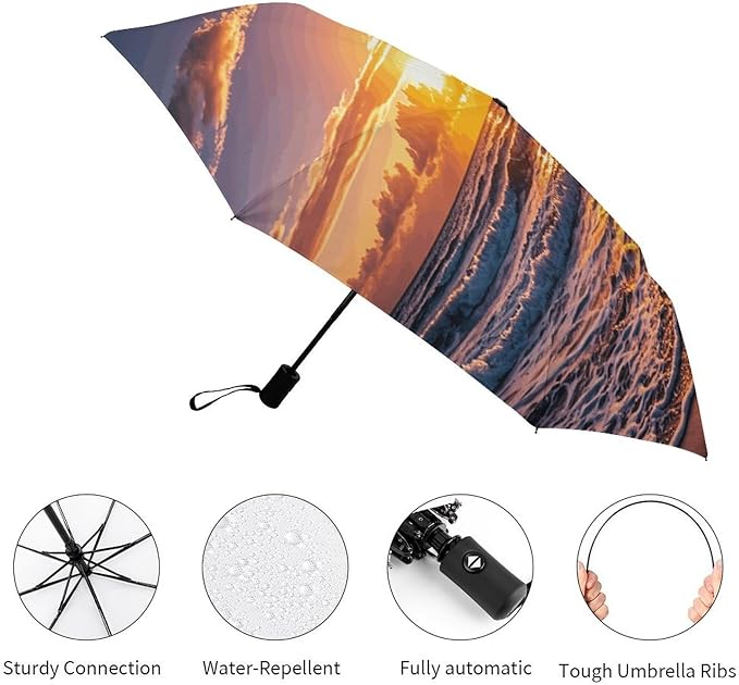 Cowboy Black Hat Western Boots Umbrellas for Rain Portable Travel Umbrellas Lightweight Automatic Windproof Folding Umbrella Compact Outdoor Beach Umbrella for Women, Men