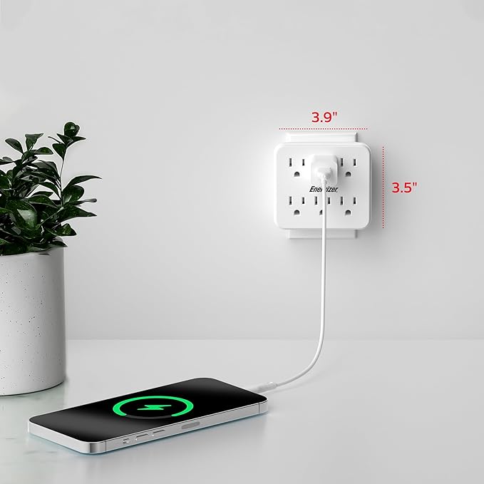 Energizer 4 Packs of 6 Device Multi Plug Wall Outlet Extender (6) AC Power Outlets Grounded Power Strip Expander Outlet Splitter Plug in Adapter, White, ENG-4PKTAP01