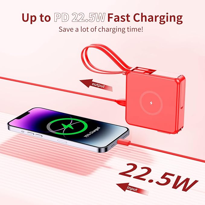 Wireless Charging Portable Charger with Built-in Cables & AC Wall Plug, 10000mAh Power Bank with LED light, PD 22.5W Fast Charging Travel Portable Charger for iPhone, Samsung, Android(No-Magnetic)