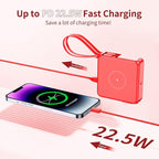 Wireless Charging Portable Charger with Built-in Cables & AC Wall Plug, 10000mAh Power Bank with LED light, PD 22.5W Fast Charging Travel Portable Charger for iPhone, Samsung, Android(No-Magnetic)