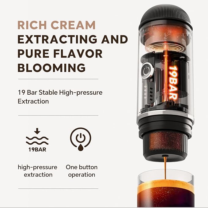 i Cafilas Rich Crema Portable Electric Espresso Coffee Maker, Fast self-heating 2 IN 1 Extraction System Espresso Machine,Support Ground Coffee and NS capsule, for Travel,Car,Hiking,Climbing（Black）