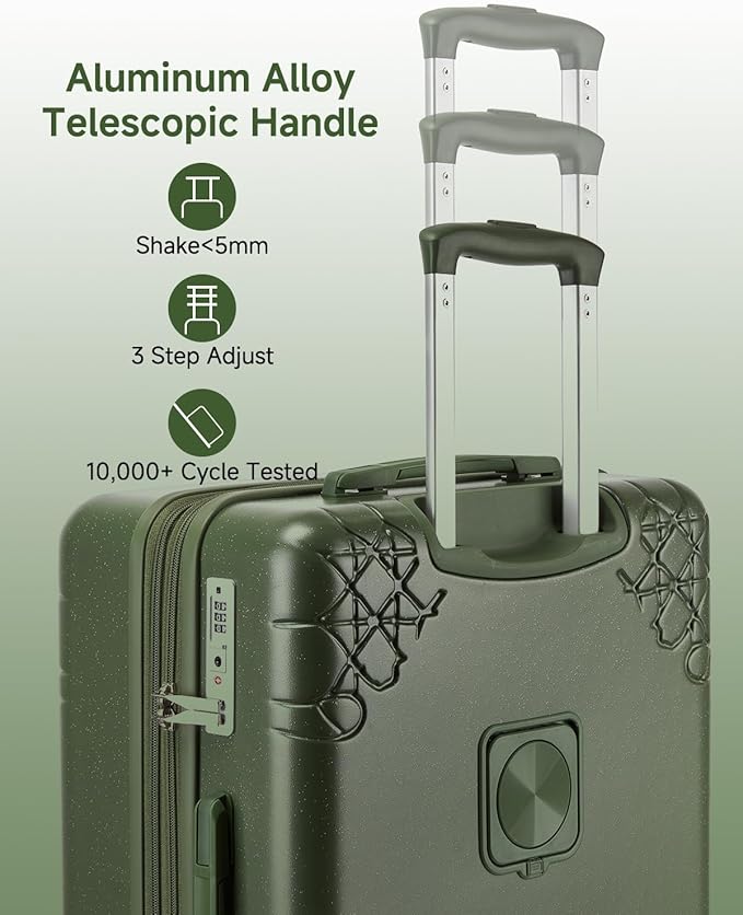 Somago Expandable Carry On luggage with Shock-Absorbing Braking Spinner Wheels Moon Star Design Hard Shell Suitcase with Cupholder TSA Lock (Army Green,Expandable 20 Inch)