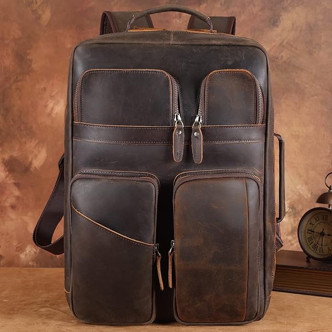 TIDING 17.3" Full Grain Leather Laptop Backpack for Men Multi Pockets Casual Daypack Business Travel Rucksack
