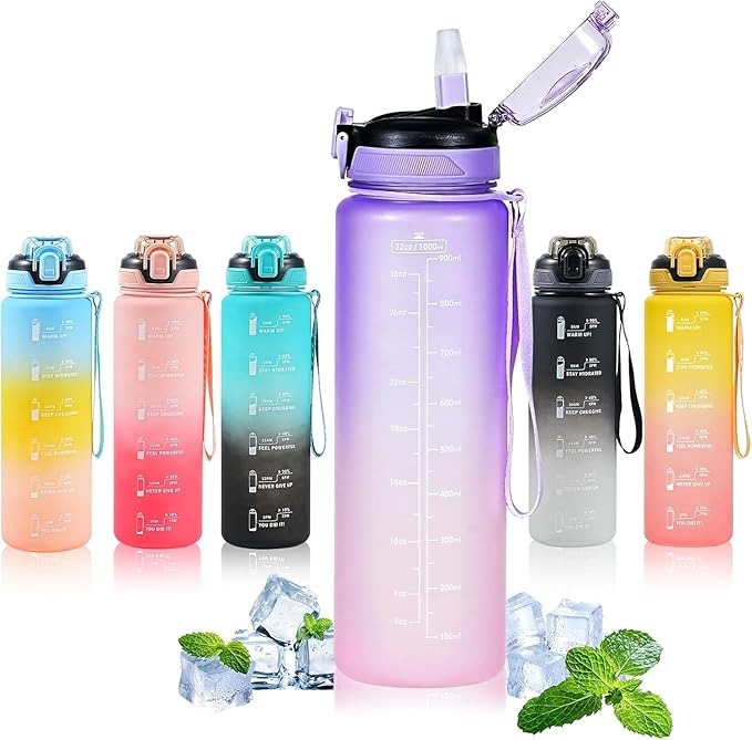 Water Bottle with Straw 1L,Boys Water Bottles with Straw 1 Litre,Waterbottle Leak-Proof Sports Water Bottle,Plastic Drinks Bottles Toxin Free，Bpa-Free (Purple)