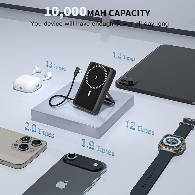 10000mAh Magnetic Wireless Power Bank Fast Charging , Mag-Safe Protable Charger Bulit in USB C Cable and Stand 22.5W PD USB C Fast Charger,Magnetic Battery Pack for iPhone 17 Pro/17 Air/16/15/14/13/12