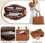 RAINSMORE Laptop Bag for Women 15.6 Inch Work Tote Bags Leather Laptop Tote Professional Laptop Purse Computer Handbag Womens Briefcase Tote with Clutch for Teacher Office Travel, Brown