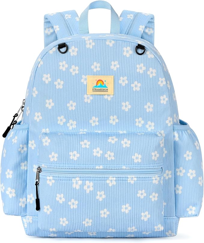 STEAMEDBUN Corduroy Kids Backpack for Girls and Boys 5-8: Girls Backpack for Elementary Kindergarten - 15 inch Cute Backpacks for Kids - Floral