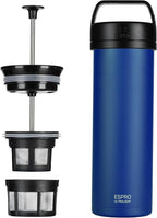 ESPRO Go P0 Ultralight French Press Coffee Maker for Travel, Vacuum Insulated Stainless Steel, 16 Ounces, Blue