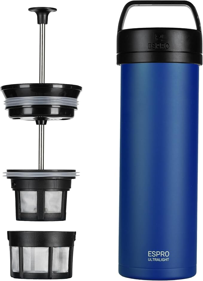 ESPRO Go P0 Ultralight French Press Coffee Maker for Travel, Vacuum Insulated Stainless Steel, 16 Ounces, Blue
