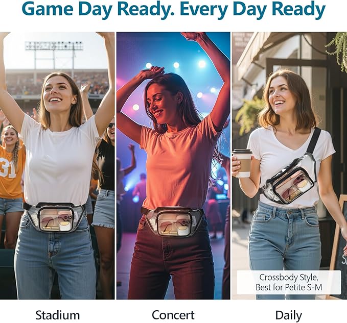 Veckle Clear Fanny Pack Stadium Approved - Adjustable 33-47 Inch Strap, Transparent Belt Bag for Women Men Fits 7.5-inch Smartphone, Waist Bag Clear Bag for Stadium Events, Sport, Concerts, Black