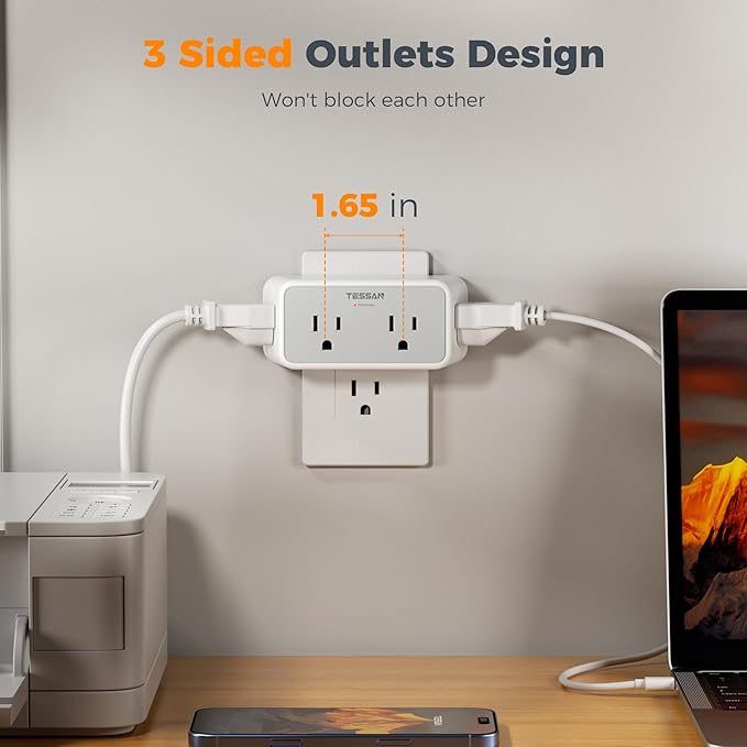 Surge Protector Outlet Extender, TESSAN 1800J Multi Plug Wall Outlet with 4 Widely Outlet Splitter, 3 Sided Multiple Wall Plug Expander for Home Office Kitchen Dorm Room Essentials