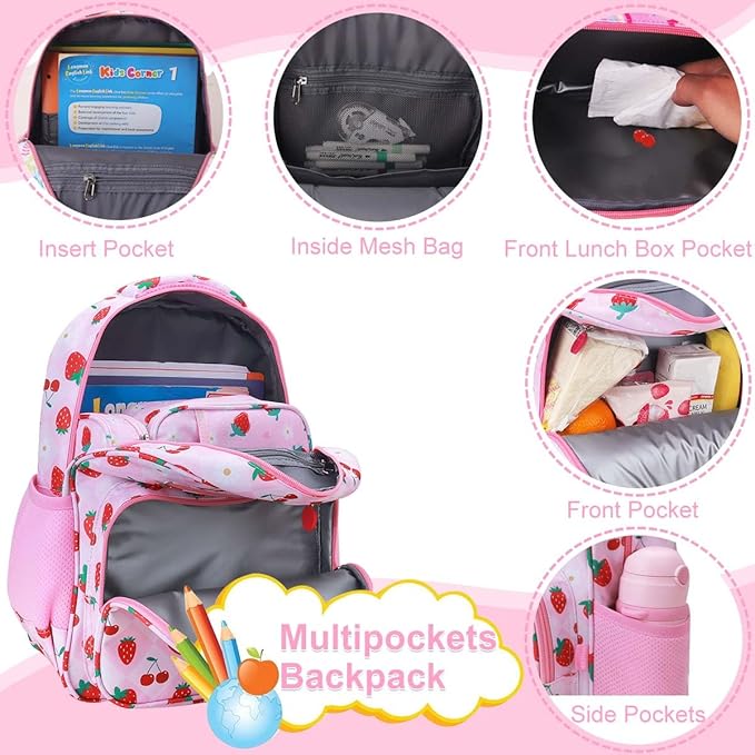 RHCPFOVR Kids Backpack for Girls - Girls Backpack 3-8 Ages Strawberry for Kids 15 Inch School Bookbag for Kindergarten Elementary School Bookbag for Girl 1st 2nd Grade