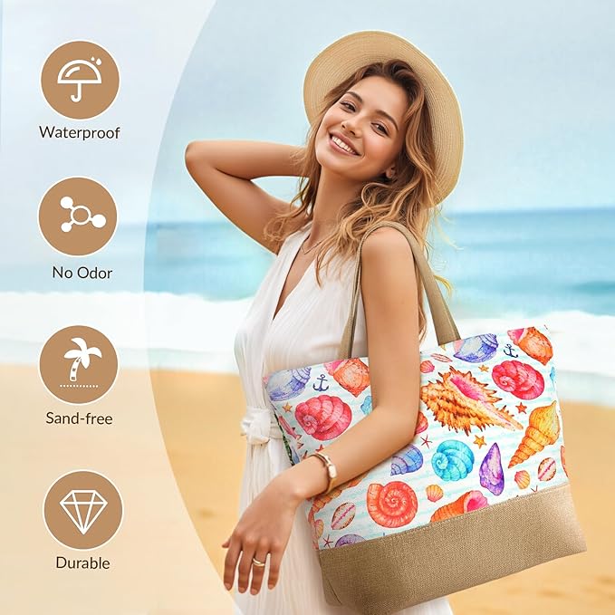 Trifabricy Beach Bag for Women, Large Beach Tote Bags with Zipper, Woven Straw Tote Waterproof, Swim Gym Shopping Travel Bag