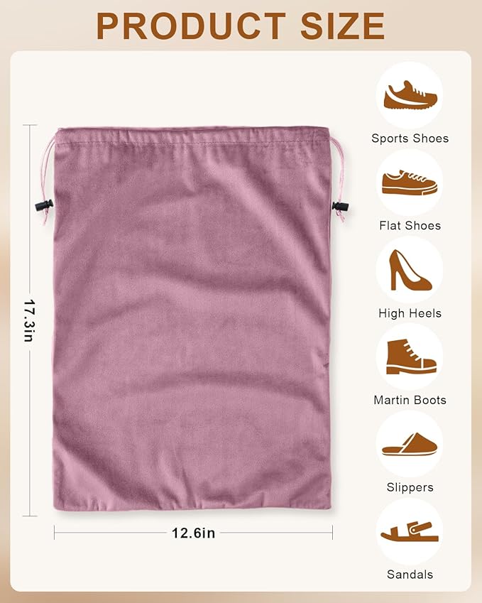 FantasyLife Shoe Bags for Travel, Washable Dust Bags for Storage & Packing, Flannel Shoe Pouch with Drawstring Closure for Purses, Handbags, Shoes & Toys (2, Parfait Pink, 17.3"x12.6")