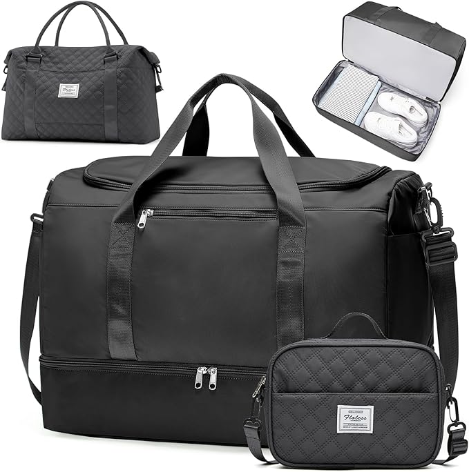 Large Travel Duffle Bag,Carry on Overnight Bag with Shoes Compartment,Weekender Bags for Women for Travel Business Trips Sport Hospital,3 Pcs Set,Black
