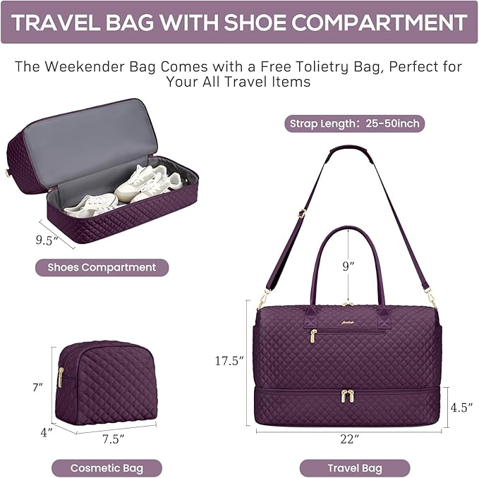 Travel Weekender Duffle Bags for Women - Large Carry On Bag with Shoe Compartment Overnight Bag with Toiletry Bag Duffel Bags with Wet Pocket for Gym Hospital Bags for Labor and Delivery Dark Purple