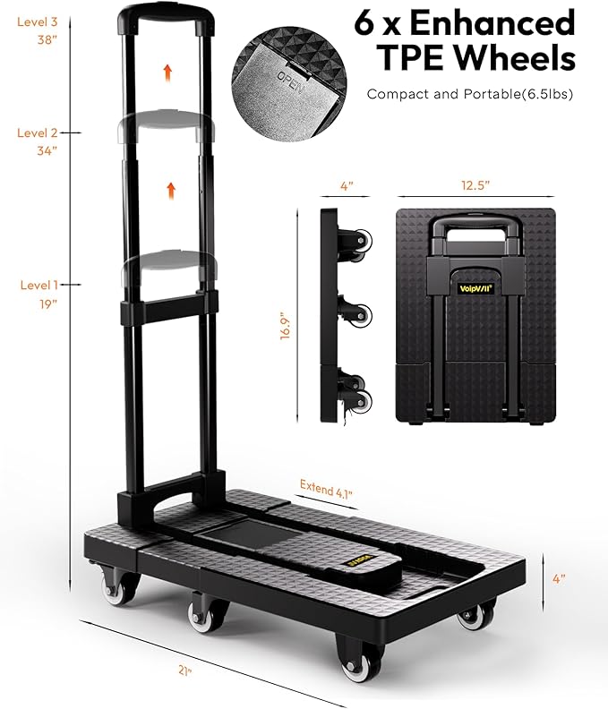 Voipvvii Folding Hand Truck 500lbs, Portable Heavy Duty Dolly Cart, 6 Wheels Collapsible Luggage Cart with 2 Elastic Ropes - Compact Trolley Cart for Easy Moving - Ideal Hand Cart for Travel and More