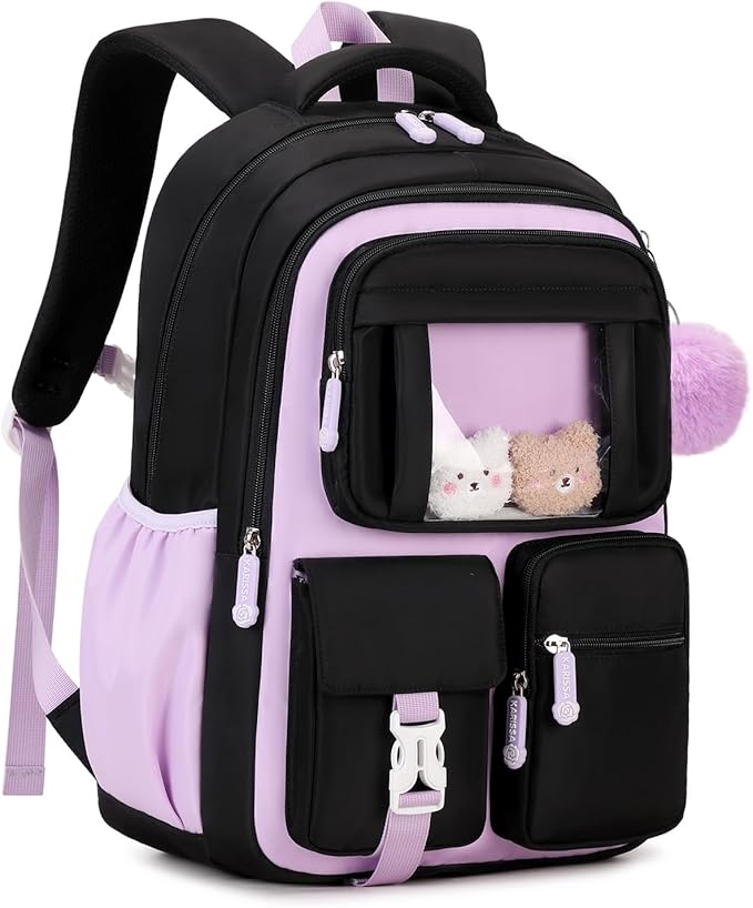 PIG PIG GIRL Kids Backpack for Girls School Bags for Middle School Students Book Bag for Elementary Primary Kawaii Ita Backpack, Black and Purple