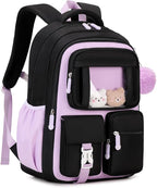 PIG PIG GIRL Kids Backpack for Girls School Bags for Middle School Students Book Bag for Elementary Primary Kawaii Ita Backpack, Black and Purple