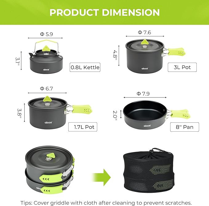 Alocs Camping Cookware Set - Lightweight Camping Pots and Pans - Portable Outdoor Cookware with Kettle - Camping Cookware Mess Kit for 2