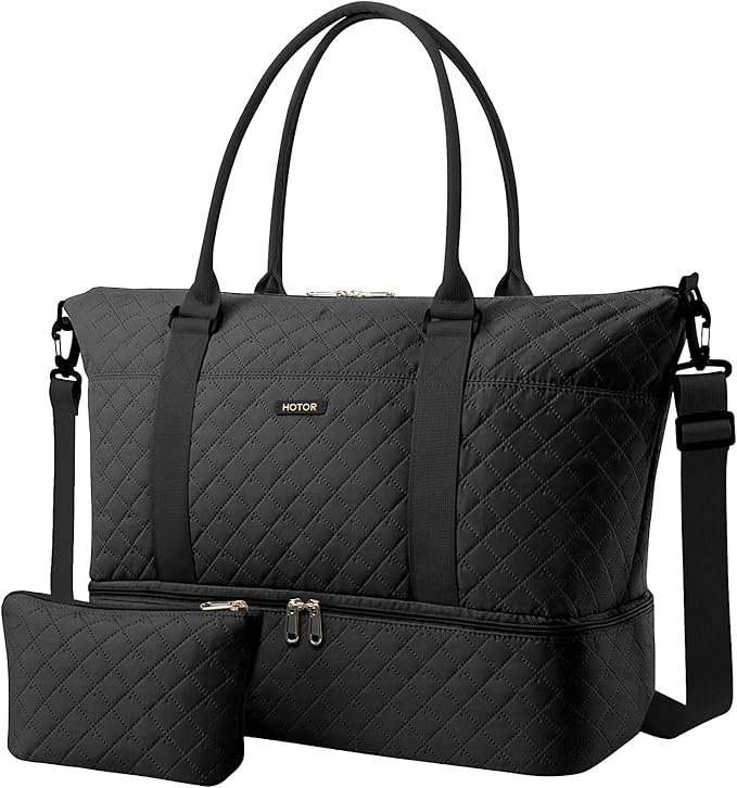 HOTOR Travel Duffel Bag - Weekender Bags for Women, Gym Tote Bags with Shoe Compartment, Carry On Overnight Bag with Toiletry Bag for Travel Essentials and Travel Accessories, Black, 15.8"×18.1"×8.7"