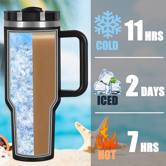 4 Pack 40 Oz Tumblers with Handle Bulk, Double Wall Vacuum Insulated Stainless Steel Tumblers with Lid and Straw, 40 oz Cups with Silicone Spill Proof Stopper Set (Black-2,White-2)