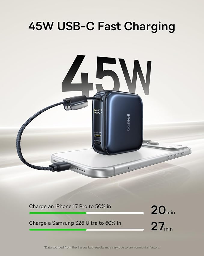 Baseus PicoGo 10000mAh 45W PD Portable Charger, Ultra-Small Battery Bank with Built-in USB-C Cable, Fast Charging for iPhone 17/16/15 Series, Samsung S25/S24, Pixel 10 and iPad Devices